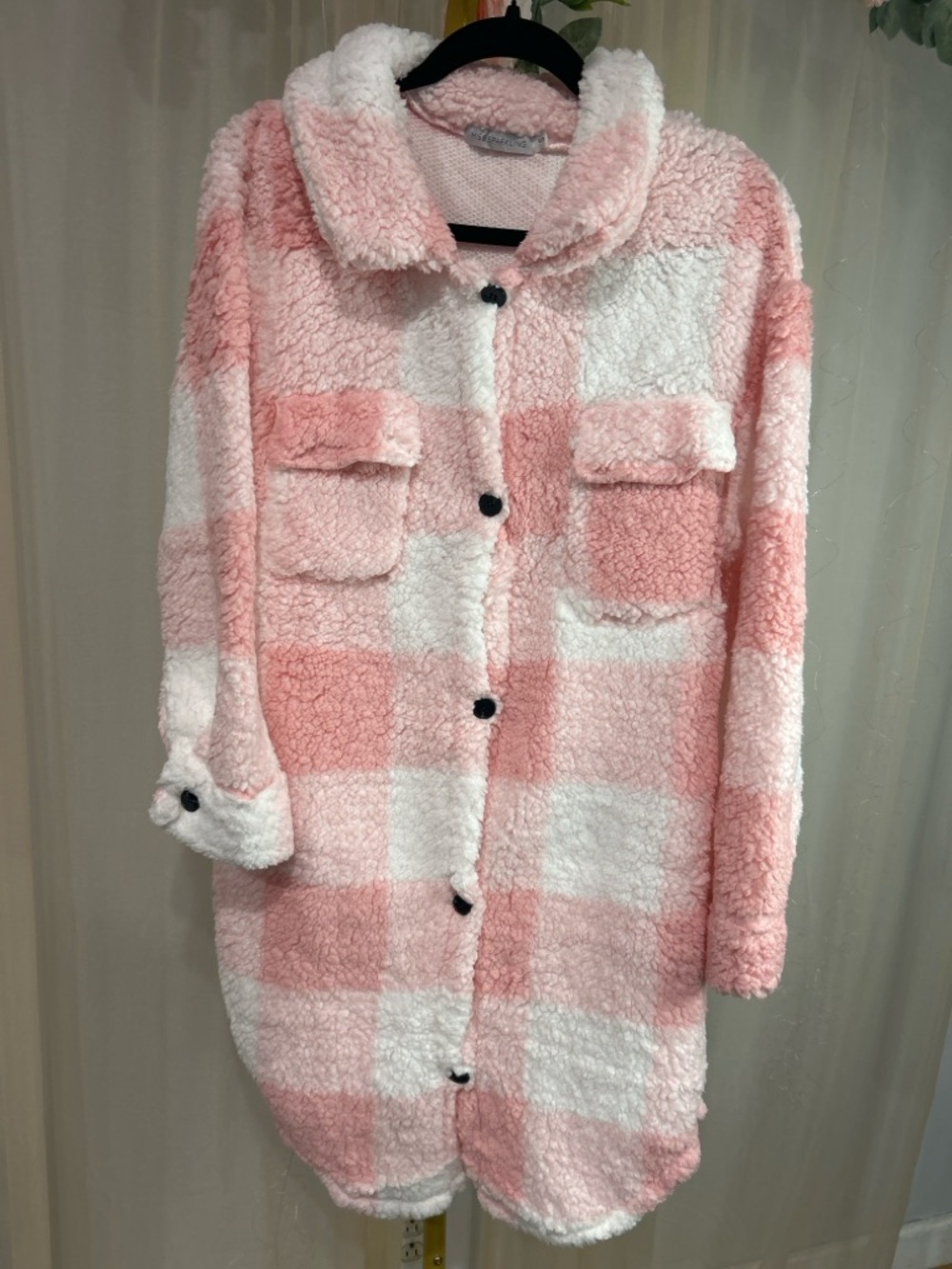Pink Checkered Sherpa Shacket Jacket Long Cozy Plush Button Down Oversized S